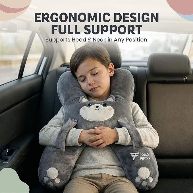 Kids Car Sleeping Pillow - H-Shaped for Neck & Back Support - Hands & Seat Belt Slot - Machine Washable & Compressible - Perfect for Car, Plane, Train, Boat & More - Grey
