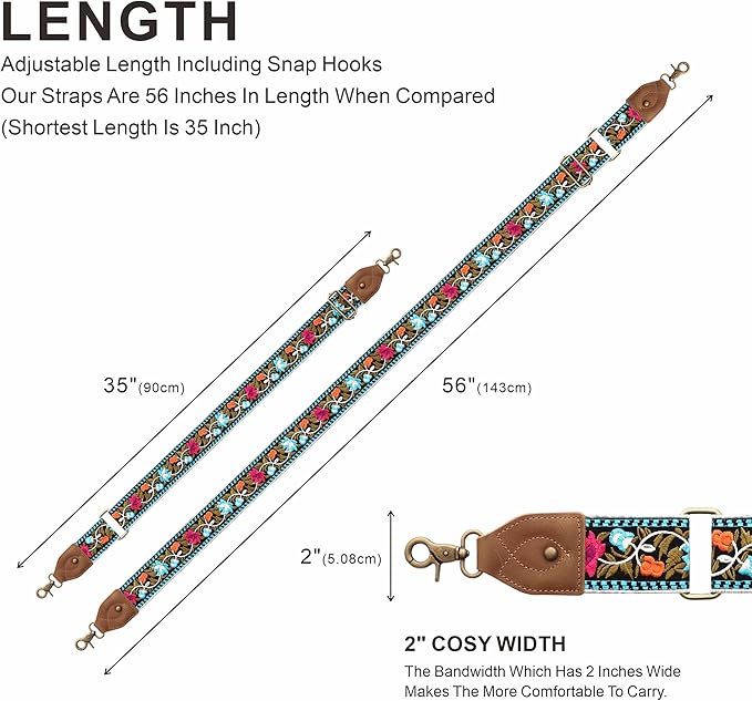 Nefelibata Purse Strap-2"Crazy Horse Leather Bag Strap Adjustable Replacement,Retro Jacquard Embroidery Crossbody Straps