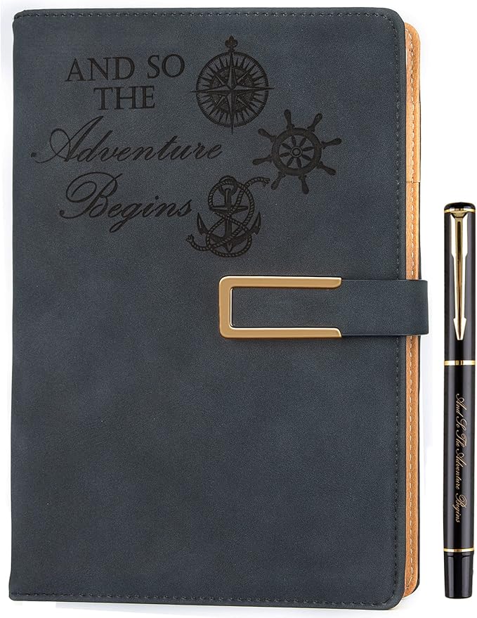 Fanery Sue Refillable Adventure Writing Journal For Men & Women Faux Leather Hardcover Notebook A5 College Ruled 200 Lined Pages Lay-Flat Personal Diary With Pen & Magnetic Buckle (Adventure - Black)