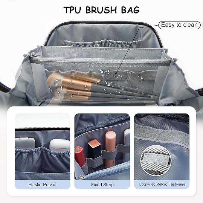 BOYATU Travel Makeup Bag Cosmetic Bag for Women: 3 Pcs Set Striped Make up Bag with Compartments - Waterproof Vegan Leather Toiletry Bag with Handle - Makeup Organizer for Travel Essentials(A-4-Black)