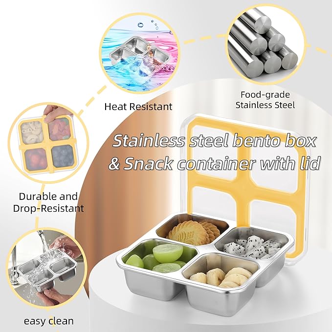 BEFOY 4 Pack Stainless Steel Snack Containers with Lids 4 Compartment Food Storage Containers for Adults & Kids Meal Prep Containers Reusablele (Yellow, 4)