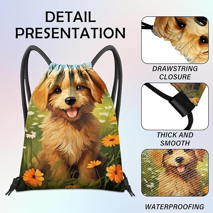 Drawstring Backpack for String Bag Waterproof Cute Sports Beach Swimming Travel (13"×17")-Dog