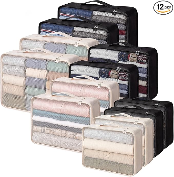 Silkfly 12 Pcs Packing Cubes for Suitcase Travel Luggage Bags Bulk Mesh Organizer Set for Hiking Camping, XL, L, M Size(Beige, Black)