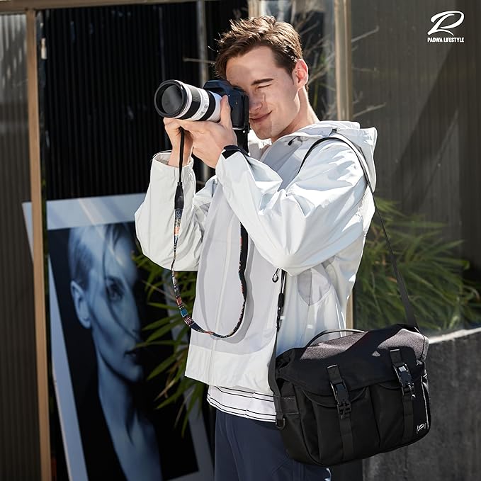 Padwa Lifestyle Black Camera Bag - Nylon Flap Camera Photography Bag with Removable Lining for Single Shoulder & Crossbody and Hand Carry,Weather Resistant Casual Camera Bag for Cameras & Drone