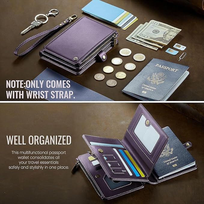 Passport Holder Wallet Bag with AirTag Holder, 11 Card Slots and Passport Solt Cash Solt Photo Solt Zipper Pocket, RFID Blocking Wristlet Strap.Purple
