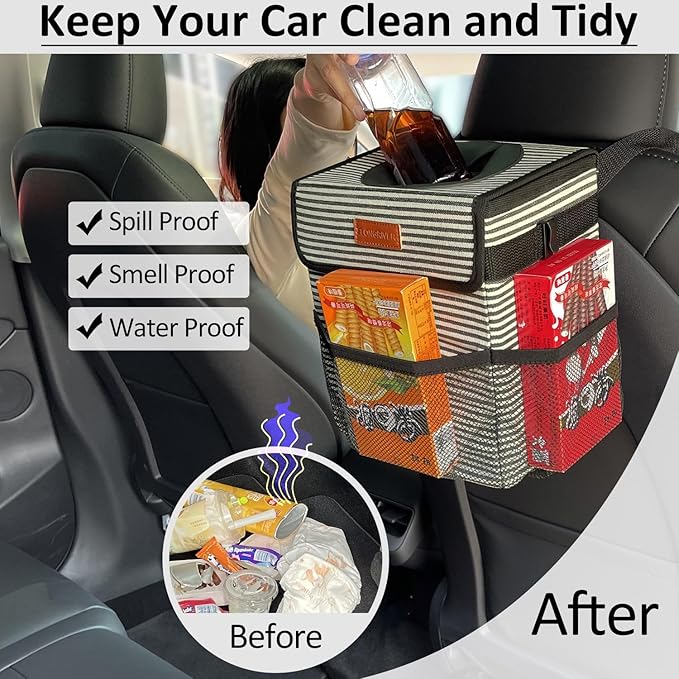 ELONGRIVER Car Trash Can for Car with Lid, Car Organizer Can Trash Bag Hanging Leak Proof Vehicle Trash Can (Stripe Print, 2 Gallons)