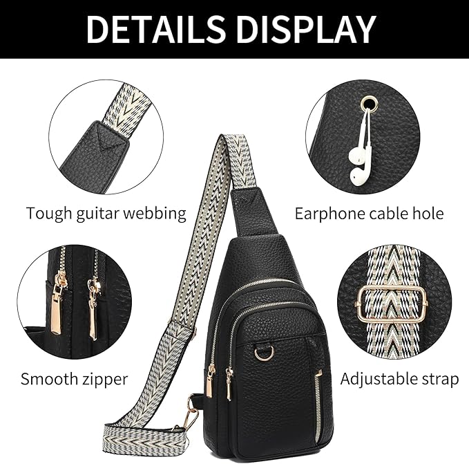 GAEKEAO Sling Bag for Women Vegan Leather Crossbody Bags Travel Fanny Pack Chest Bag Purse with Adjustable Wide Guitar Strap