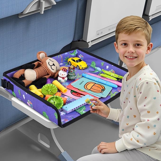 Kids Tray Table Cover, Airplane Tray Cover with Pockets, Airplane Travel Essentials for Kids, Portable Airplane Must Haves for Toddler on Plane or Train and Flying Supplies (Blue)