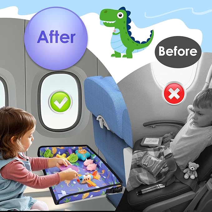 Kids Tray Table Cover, Airplane Tray Cover with Pockets, Airplane Travel Essentials for Kids, Portable Airplane Must Haves for Toddler on Plane or Train and Flying Supplies (Blue)