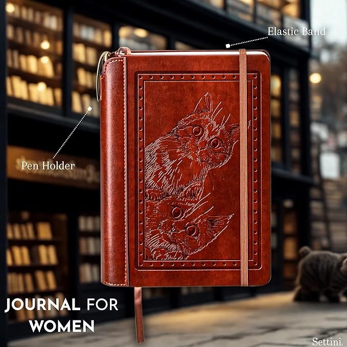 SETTINI® Lined Journal - Cat Journal for Writing Gift Set - Hardcover Vegan Leather, Includes Luxury Pen in a Unique Pen Holder, 192 Pages, A5, Fathers Day Gift, Journal for Women