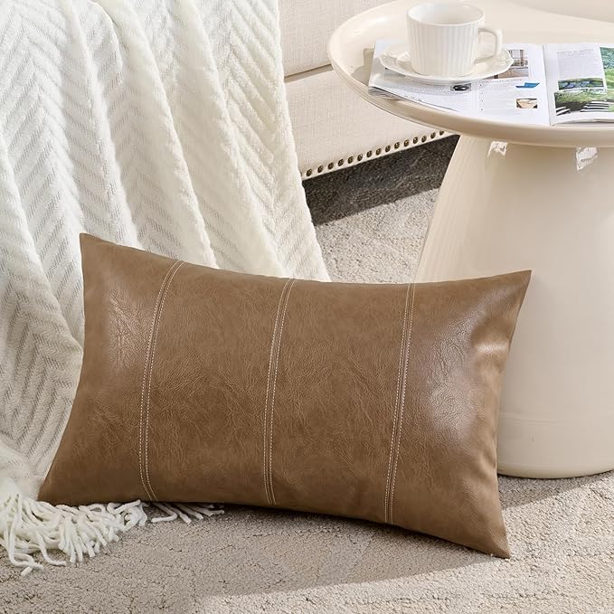 Fancy Homi Light Brown Boho Long Lumbar Faux Leather Decorative Throw Pillow Covers 20x12 Inch for Living Room Couch Bed Sofa, Hand Stitched Rectangle Cushion Case, Rustic Modern Farmhouse Home Decor