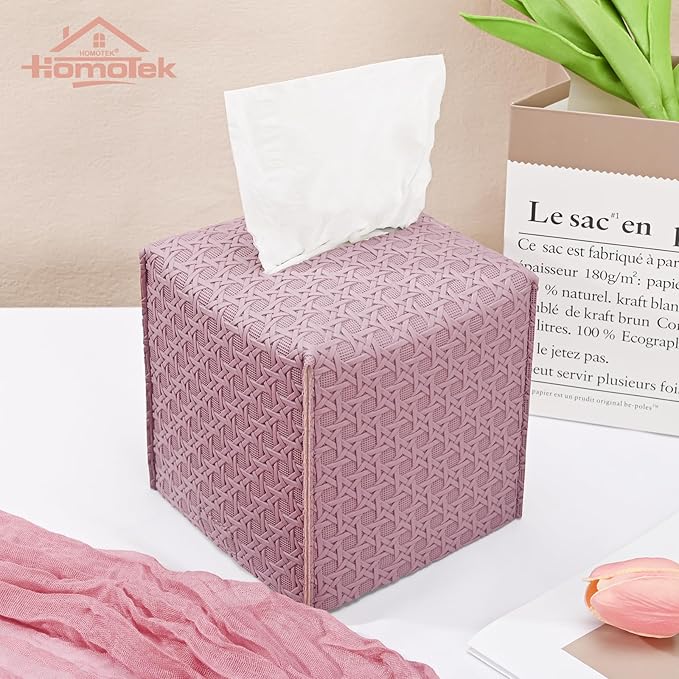 HOMOTEK 2 Pack Tissue Box Cover, Square PU Leather Tissue Holder, Decorative Facial Tissue Cube Paper Organizer Dispenser for Bathroom, Night Stands, Desk, Car 5X5X5'' - Rattan Weave,Plum Red