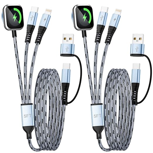 Multi Charging Cable, 5FT 2Packs 3 in 2 Chargers for Multiple Devices, Travel Essentials USB A&C/Type-C/IP Cord Compatible with iWatch/iPhone 17-11/Car