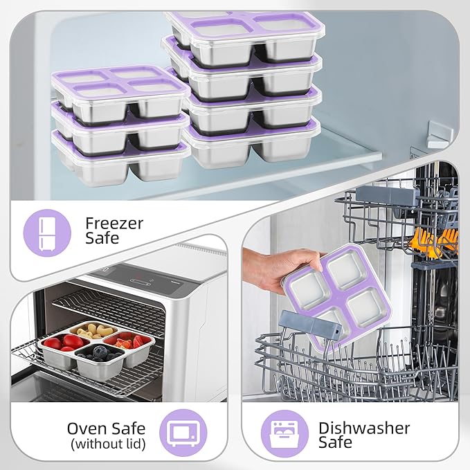 BEFOY 4 Pack Stainless Steel Snack Containers with Lids 4 Compartment Food Storage Containers for Adults & Kids Meal Prep Containers Reusablele (Purple, 4)