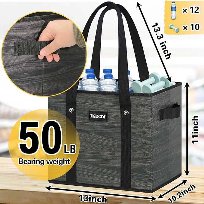 Reusable Grocery Bags - Heavy Duty Reusable Shopping Bags with Hard Bottom & Long Handles, Foldable Large Utility Tote Bag with Box Shape to Stand Up - for Kitchen, Picnic, 3 Pack, Grey