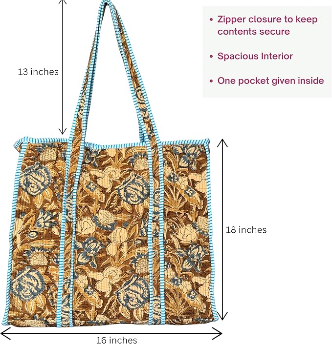 ATOSII Women Handblock Print Quilted 100% Cotton Floral Large Shoulder Tote Bag with Pocket, Zipper for Work, Beach & Travel