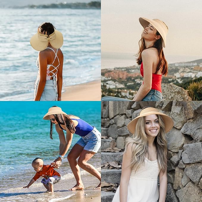 NPQQUAN Sun Visor Hats for Women Wide Brim Ponytail Straw Beach Hat Packable Foldable UPF 50+ Floppy Travel Hats