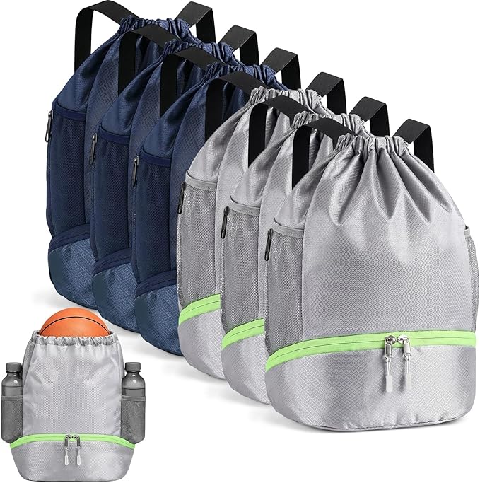 6 Pack Gym Drawstring Backpack Bags Bulk with Shoe Compartment for Sports Wet Proof Pocket for Men Women Large(Grey, Navy Blue)