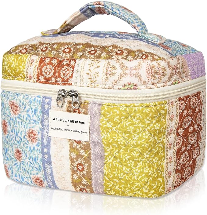 Gosect Floral Quilted Makeup Bag, Large Capacity Travel Cosmetic Organizer Bag with Handle, Portable Toiletry Bag for Women 6.3'' x 6.3'' x 9.84''(Multicolor)