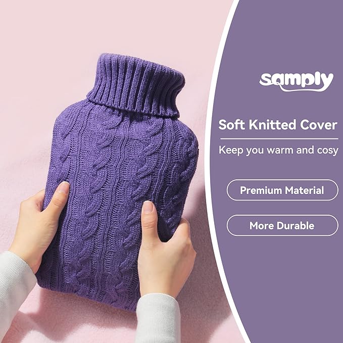 samply Hot Water Bottle with Knitted Cover, 2L Hot Water Bag for Hot and Cold Compress, Hand Feet Warmer, Ideal for Menstrual Cramps, Neck and Shoulder, Purple