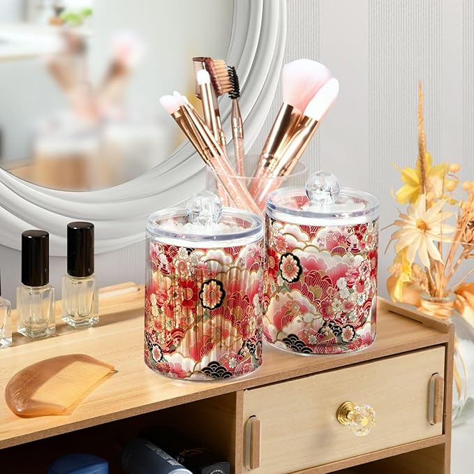 2 Pack Qtip Holder Organizer Dispenser Japanese Flowers Pattern Bathroom Storage Canister Cotton Ball Holder Container for Cotton Pads/Swabs/Floss