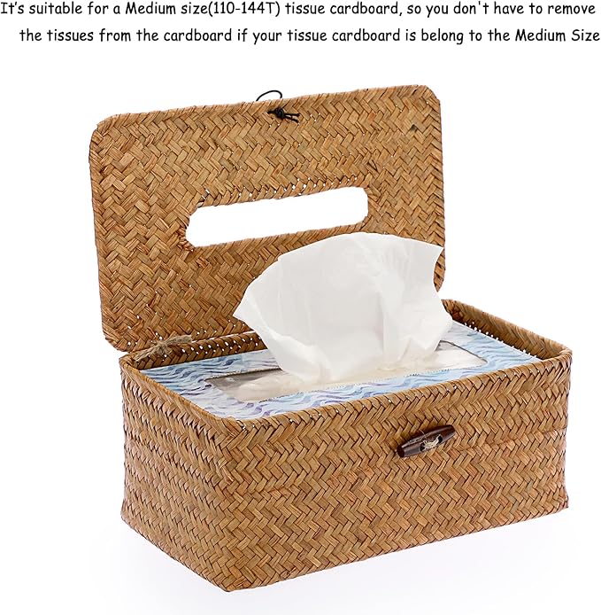 Sumnacon Tissue Box Cover Rectangle Tissue Box Seagrass Tissue Box Holder Woven Tissue Holder Decorative Tissue Cover for Bathroom Tissue Box Cover Rectangular for Home Office Table Caramel