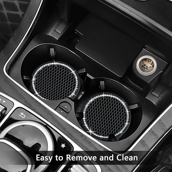 2PCS Bling Car Cup Coaster, 2.75 Inch Auto Cup Holder Insert Coasters Silicone Anti-Slip Crystal Rhinestone Drink Mat, Universal Vehicle Interior Accessories for Women Girls (Black)