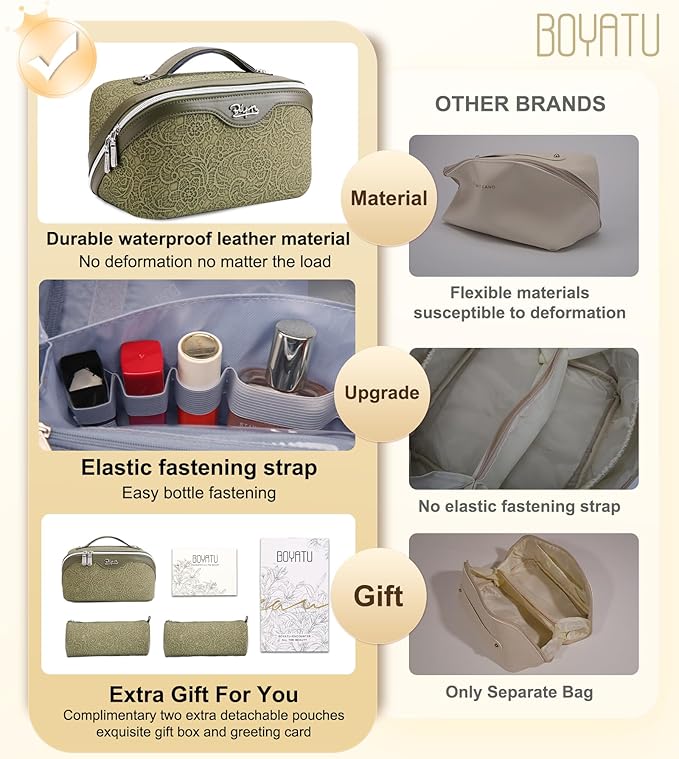 BOYATU Travel Makeup Bags Cosmetic Organizer Bag: 3 Pcs Set Large Capacity Make up Bag with Compartments - Waterproof Leather Toiletry Bags with Handle for Women (A-Green)