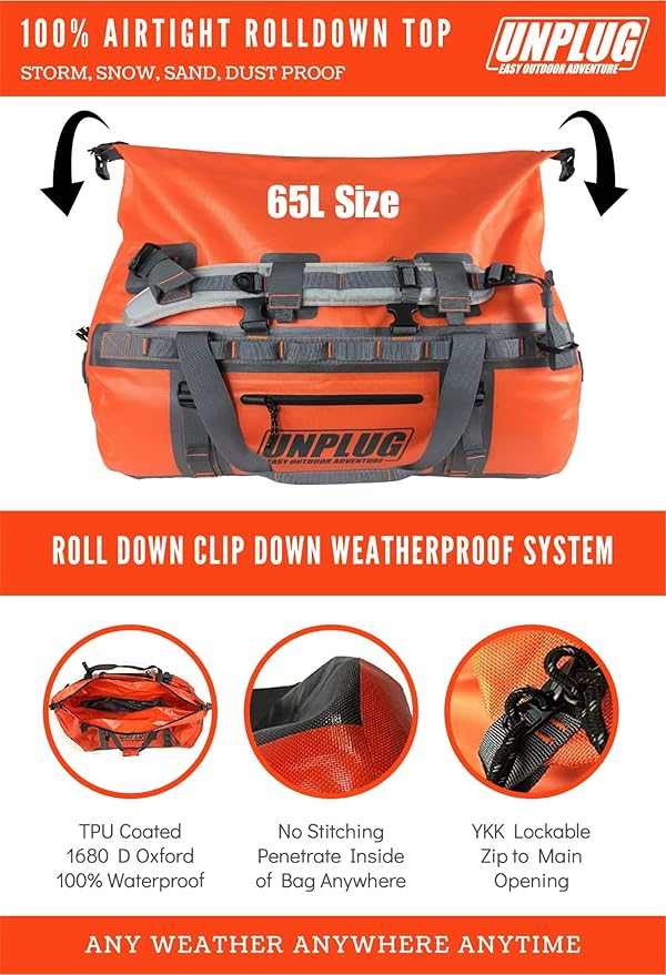 UNPLUG Ultimate Adventure | 1680D Heavy Duty Waterproof Bag | Large Travel Bag which can be Used for Camping, Motorcycling, Boating, or Hunting| 65L Adventure Orange