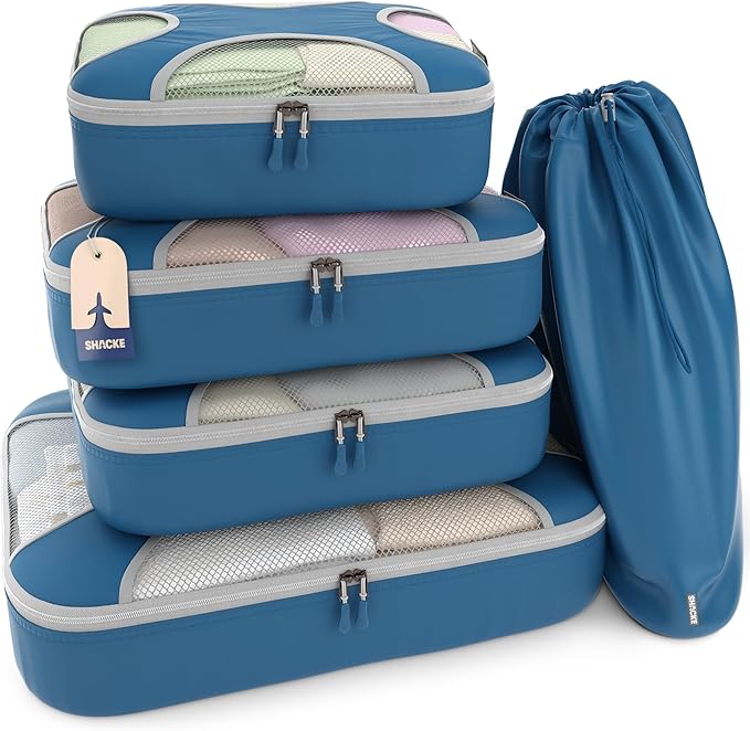 Shacke 5 Set Packing Cubes for Travel – Luggage Organizer & Suitcase Bags with Laundry Bag, Carry On Packing Organizer, Travel Accessories for Women Men (Navy Blue)