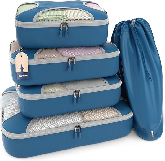 Shacke 5 Set Packing Cubes for Travel – Luggage Organizer & Suitcase Bags with Laundry Bag, Carry On Packing Organizer, Travel Accessories for Women Men (Navy Blue)