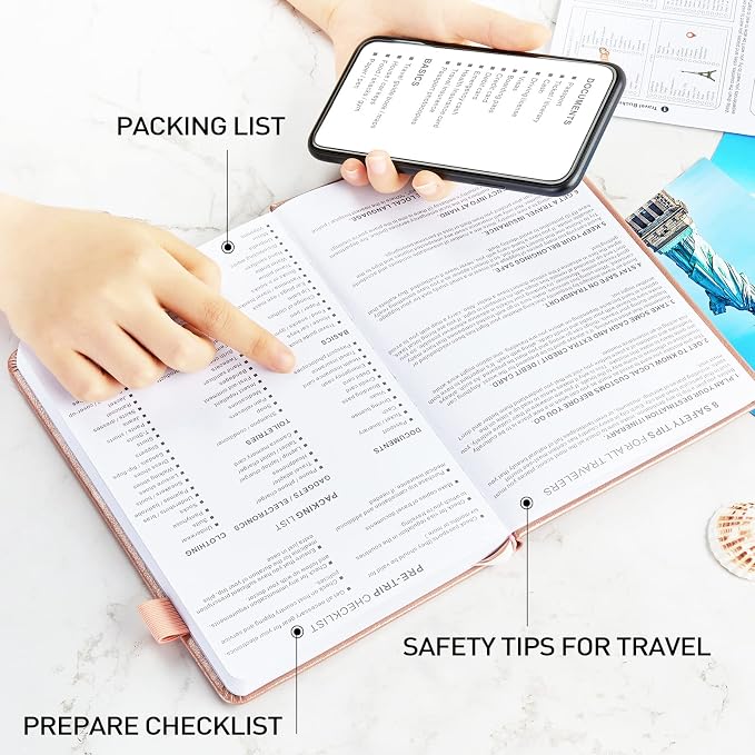 JUBTIC Travel Journal & Planner, Vacation Organizer with Budget Tracker & Checklist, A5 Size Trip Diary & Notebook for 6 Trips, Travel Gifts for Women, Men & Couples (Rose Gold)