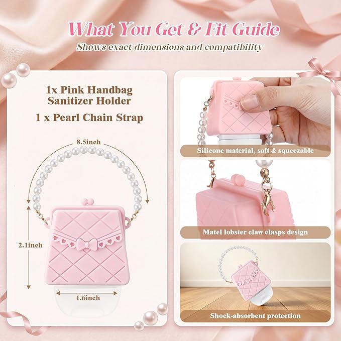 Saillong Cute Hand Sanitizer Holder, Pink Mini Handbag with Pearl Chain, Silicone Holder Compatible with Bath & Body Works PocketBac, Purse Style Body Work Sanitizer Holders