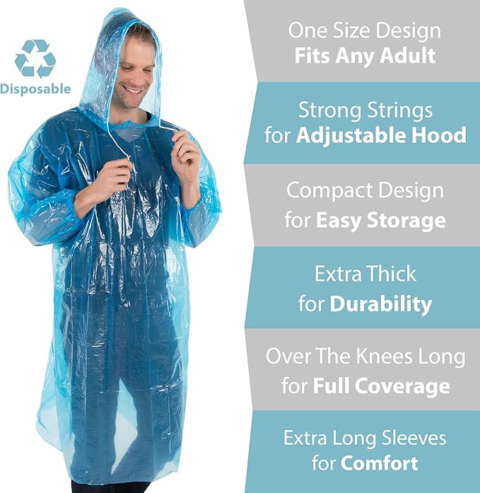 Wealers Rain Poncho Bulk Pack Disposable Ponchos Adults Emergency Raincoat Hood Strings Multi Colors