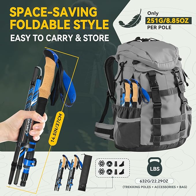 Clostnature Collapsible Trekking Poles for Hiking – Carbon Fiber Folding Hiking Poles, Telescopic Lightweight Trekking Sticks for Women, Men, Seniors, Retractable Nordic Walking Sticks for Climbing