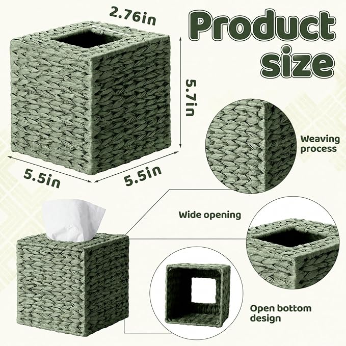 Sage Green Tissue Box Cover Square Natural Paper Rope Hand Woven Tissue Box Holder for Bathroom Living Room Bedroom Kitchen Table Desk Office Boho Home Decor