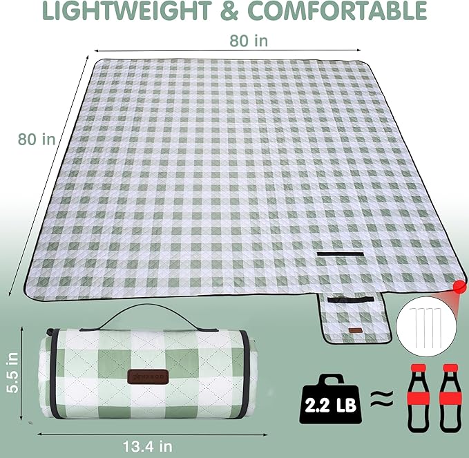HX&OD Outdoor Picnic Blanket, Extra Large, 80''x80'' Waterproof Foldable Blankets Gingham Picnic Mat for Beach, Camping Grass Lawn Park Accessories Cute Couple Ideas Wedding (Green, 80”x80”)