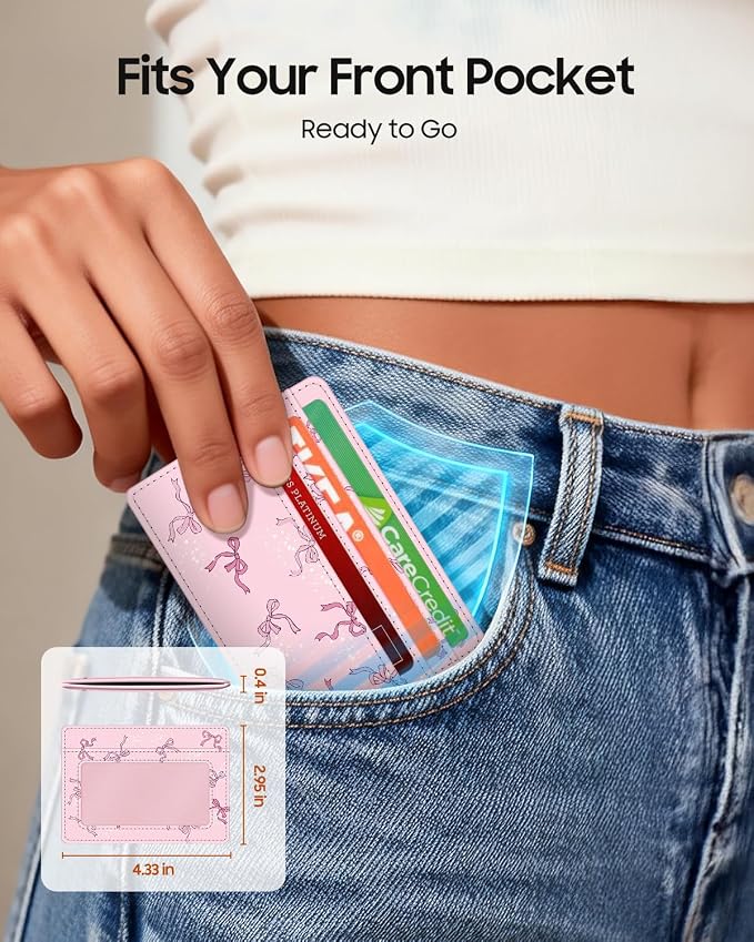 FINTIE Slim Minimalist Front Pocket Wallet, RFID Blocking Credit Card Holder Card Cases with ID Window for Men Women (Pink Bow)