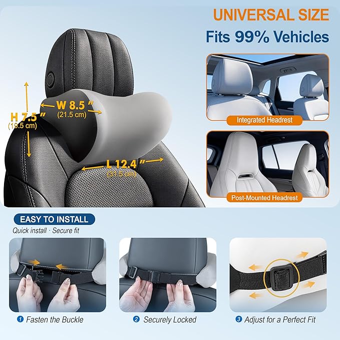 2-Pack Car Neck Pillow: Ergonomic Memory Foam Car Headrest Pillow, Neck Support Pillow for Long Drives, Headrest Support Cushion for Pain Relief, Universal Fit for Cars, SUVs & Trucks - Gray&Black