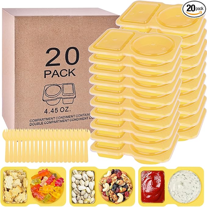 20 Pack Reusable Snack Containers with Lids - Double Compartment Condiment Snack Pack Containers with 20 Fork, Microwave Safe Portion Control Containers for Meal Prep, Take-out, Party & Travel(Yellow)