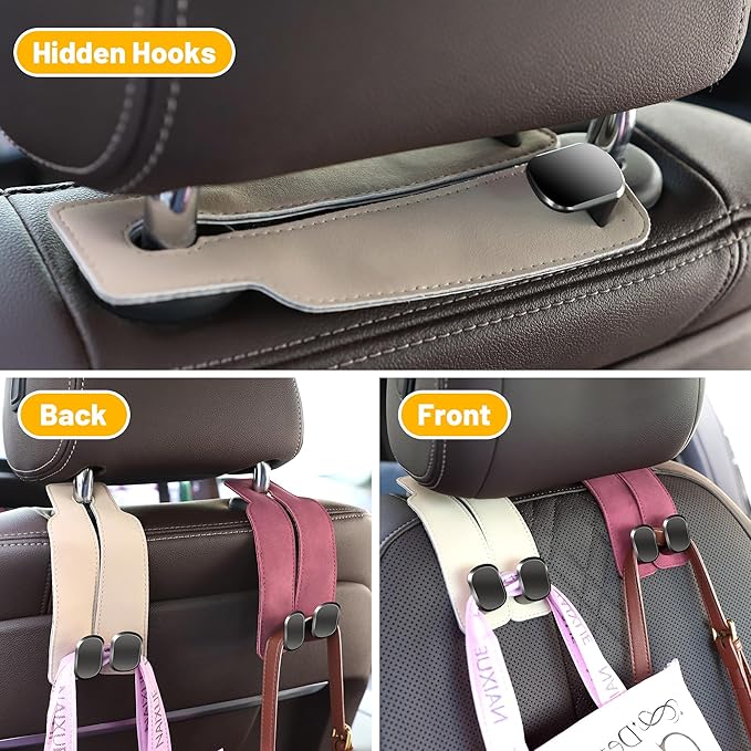 Amelity Universal Car Headrest Hooks, Women’s Car Interior Accessories for Purses Handbags Grocery & Backpacks, Beige 2 Pack