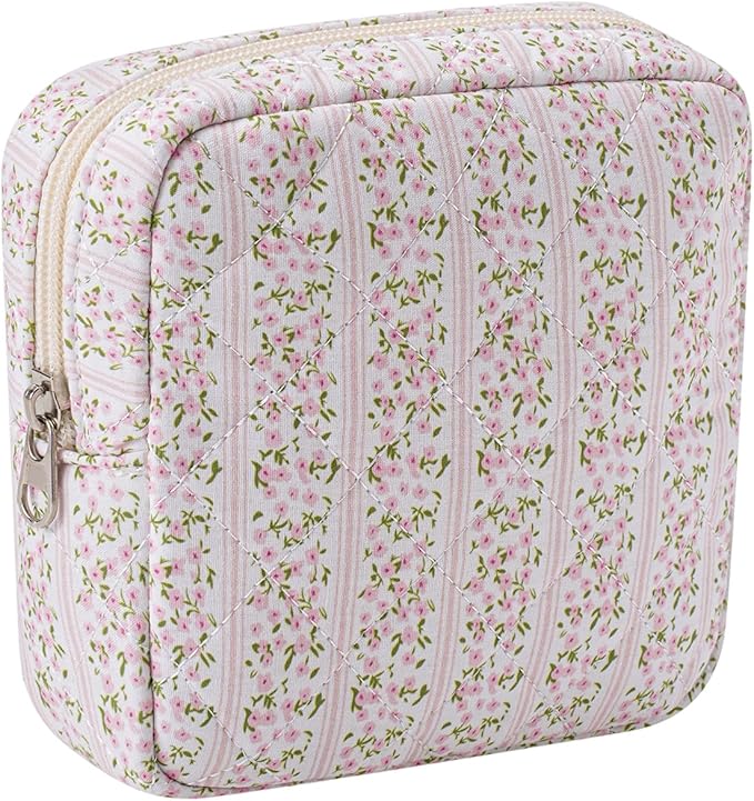 RSRSLEII Small Quilted Cosmetic Pouch for Purse, Mini Cotton Makeup Bag with Compartments, Cute Zipper Lipstick Holder for Women (17Small Pink Flower)