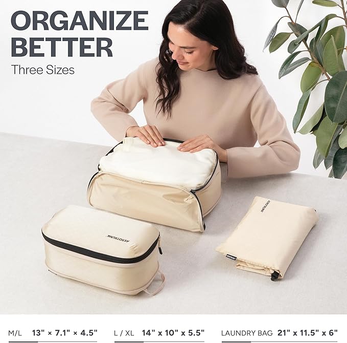 Aerotrunk Ultralight Compression Packing Cubes - Lightweight Travel Organizers for Suitcases and Luggage (3-Pack, Beige)