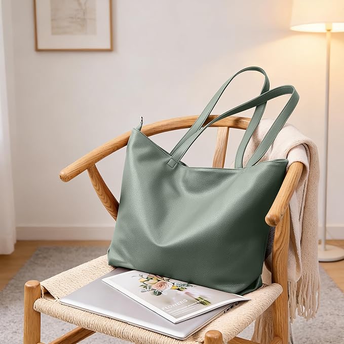 WLLWOO Soft Vegan Leather Tote Bag for Women Large Casual Hobo Handbags Zipper Shoulder Work Daily Weekender Travel Purse