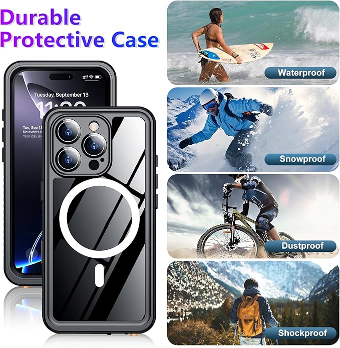 Compatible with iPhone 16 Pro Case Waterproof, Compatible with MagSafe Built-in Screen & Camera Protector IP68 Underwater Full Body 16FT Military Dropproof Shockproof Phone Case 6.3"-Black