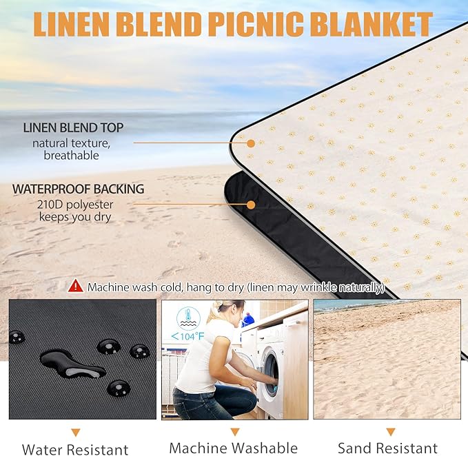 Picnic Outdoor Blankets Waterproof Large - Beach Mat Sand Free Foldable with Carry Strap | Portable Camping Blanket | Park Blanket for Grass Park, Hiking, Travel, Concerts, Indoor (Yellow Flower)