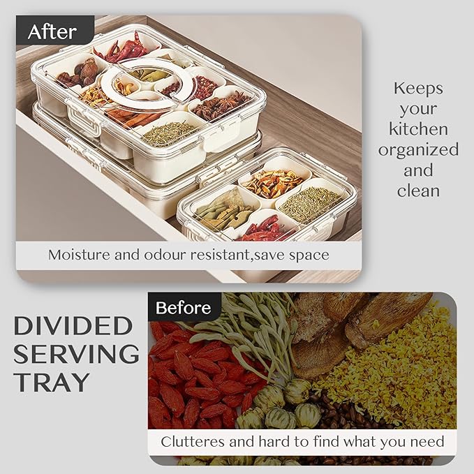 Dunruz Snackle Box Container,Portable Snack Box 8 Compartment Divided Serving Tray with Lid,Clear Storage Organizer for Fruit Candy Nuts Veggie-Perfect for Road Travel Party (2 Pack-8 Compartments)