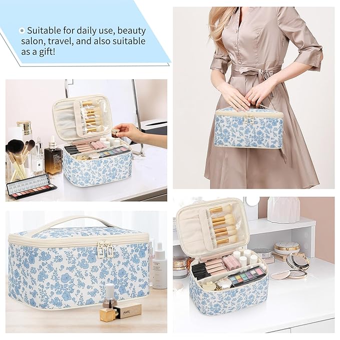 OCHEAL Makeup Bag Portable Cosmetic Bag For Women, Large Capacity Travel Makeup Case Organizer, Toiletry Bag for Girls Traveling With Handle and Divider-Flowers