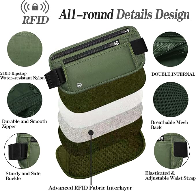 Green Hidden Money Belt for Travel for Men, Waist Wallet Anti Theft, RFID Passport Holder For Travel Men Or Women, Money Pouch, RFID Passport Holder