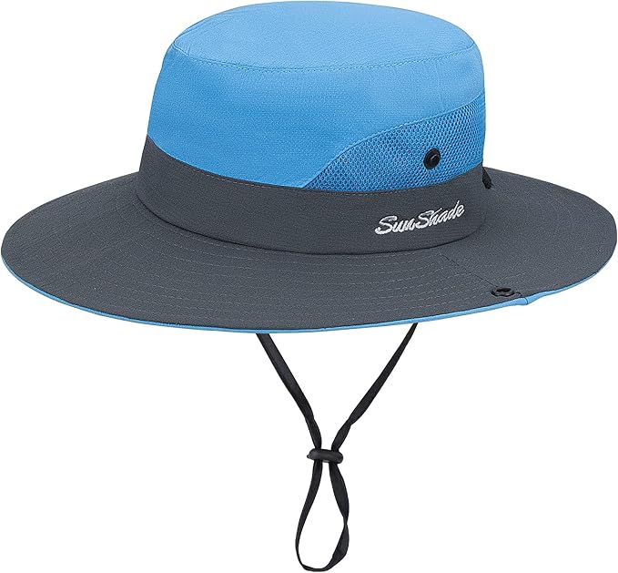 Sun Hat for Women Summer UV Protection Beach Hat Wide Brim Mesh Bucket Fishing Hat with Ponytail Hole Foldable Packable Hat